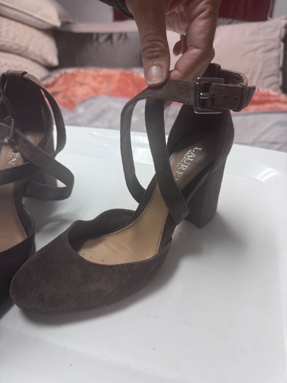 Lauren Ralph Lauren Dark Brown Suede Block Heel Ankle-Strap Pump